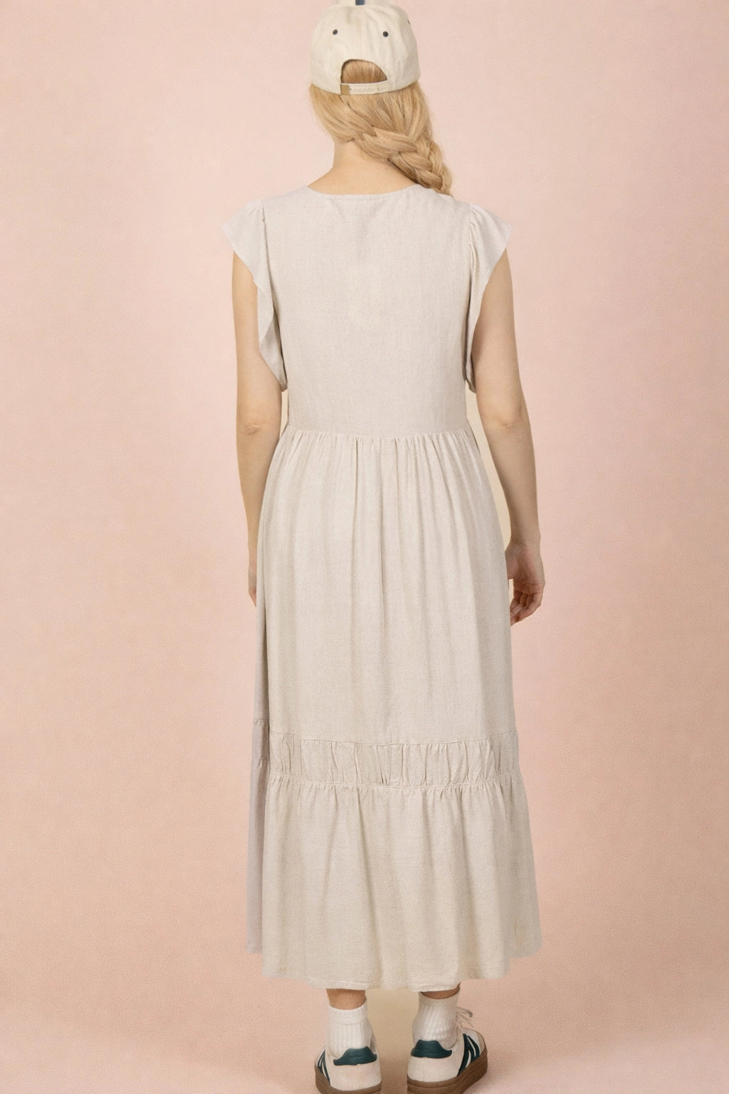 The Sunday Stroll Midi Dress | Linen Blend Ruffle Sleeve Dress