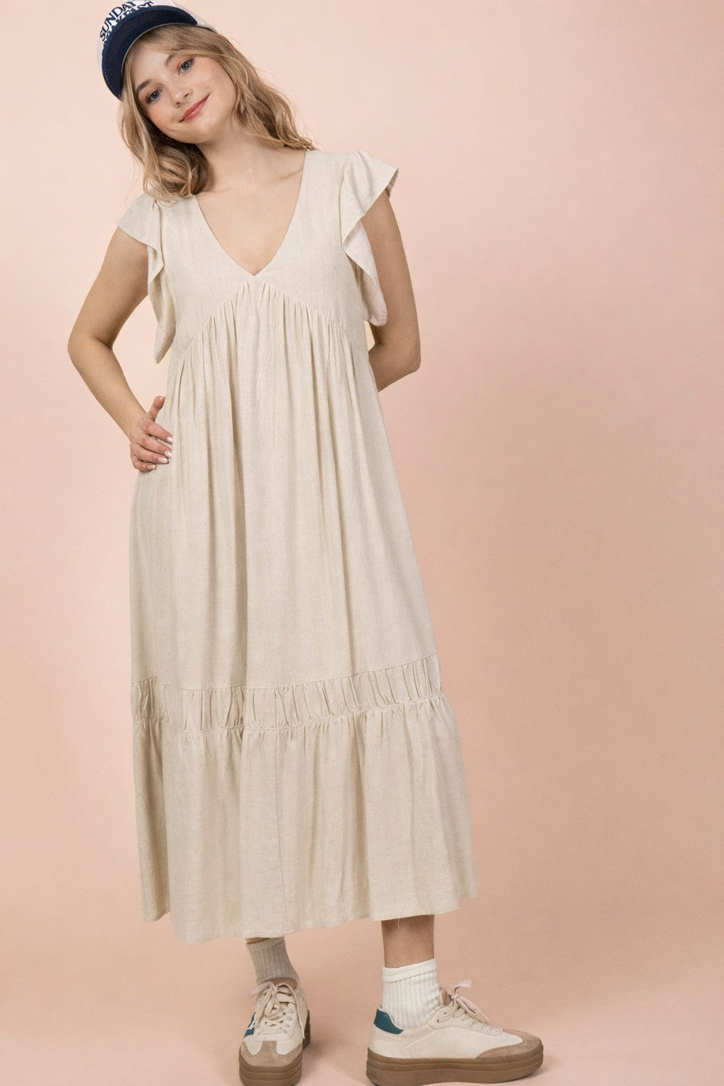 The Sunday Stroll Midi Dress | Linen Blend Ruffle Sleeve Dress