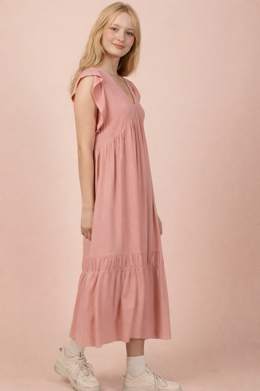 The Sunday Stroll Midi Dress | Linen Blend Ruffle Sleeve Dress