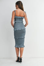 Smocked Ruffle Trim Maternity Midi Dress with Tie Straps, full length view