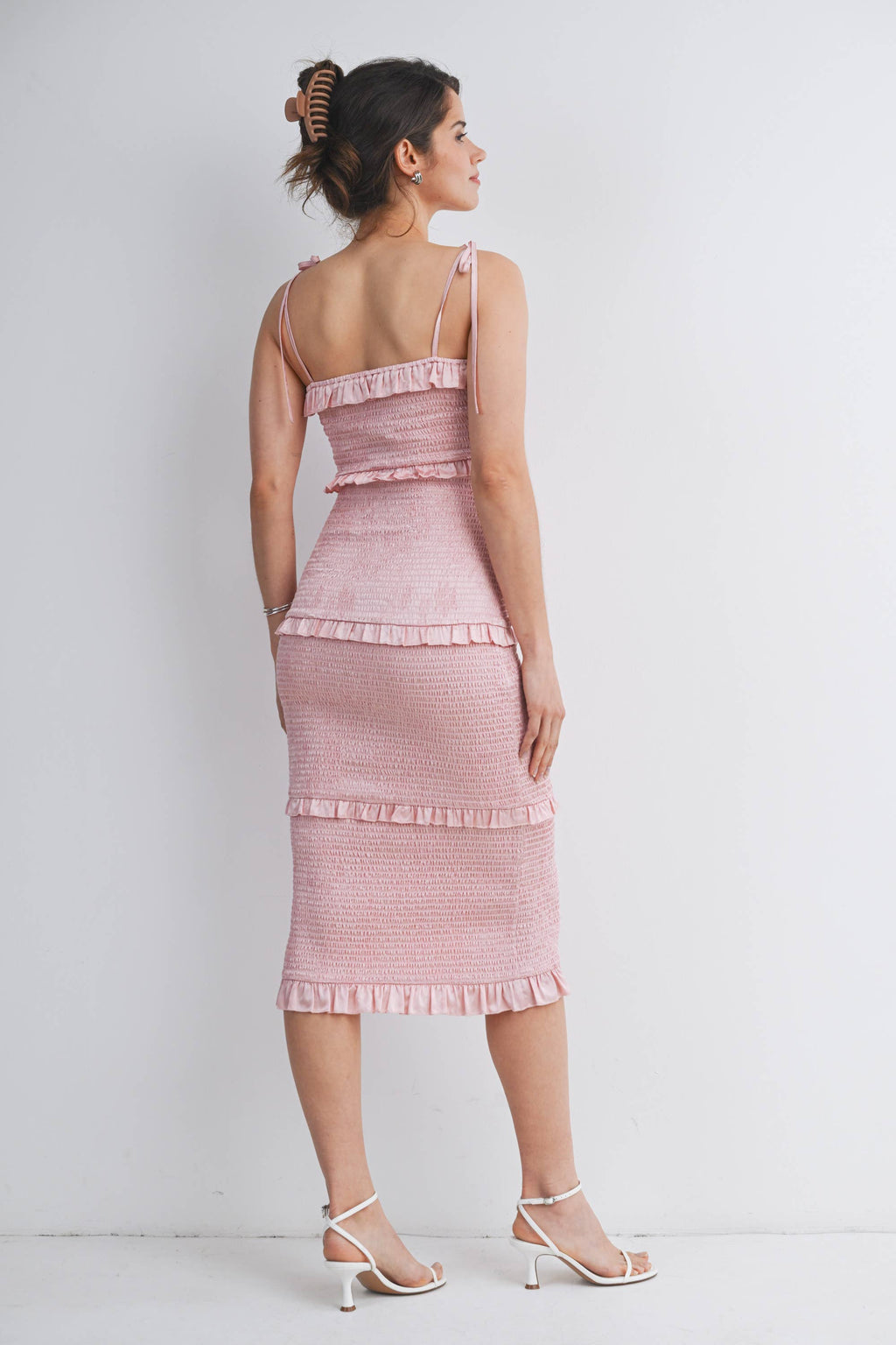 Smocked Ruffle Trim Maternity Midi Dress with Tie Straps, view 15