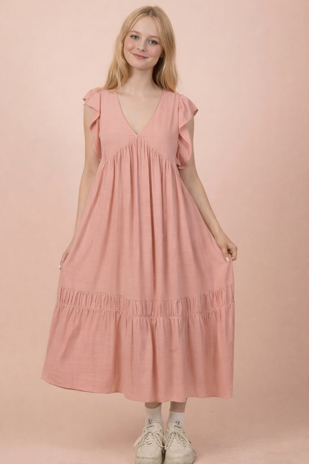 The Sunday Stroll Midi Dress | Linen Blend Ruffle Sleeve Dress