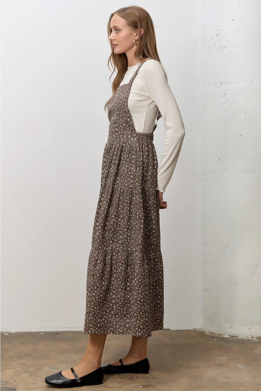 FLORAL PRINT OVERALL MIDI SKIRT, DK BROWN, detail view