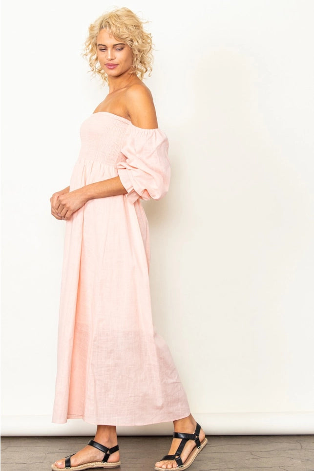 The Meadow Breeze Midi Dress | Linen On or Off Shoulder Dress