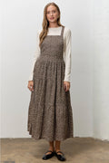 FLORAL PRINT OVERALL MIDI SKIRT, DK BROWN, front view