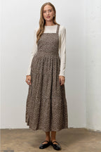 FLORAL PRINT OVERALL MIDI SKIRT, DK BROWN, front view