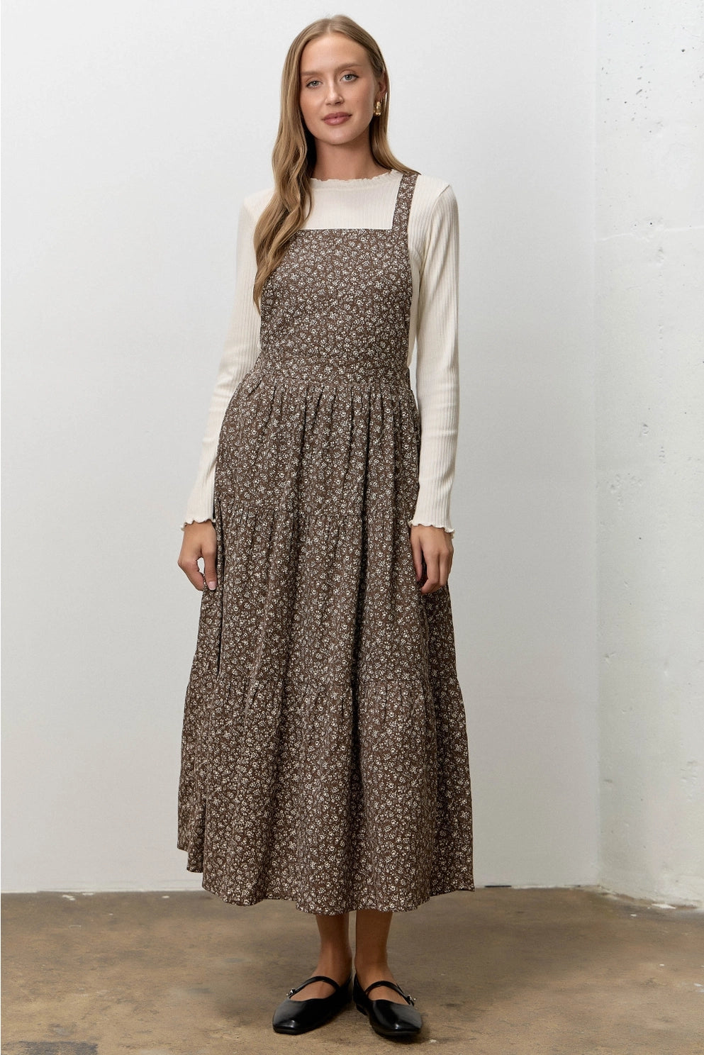 FLORAL PRINT OVERALL MIDI SKIRT, DK BROWN, front view