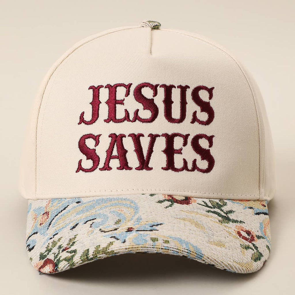 JESUS SAVES Embroidered Floral Tapestry Trucker Hat, close up