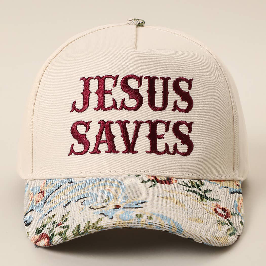 JESUS SAVES Embroidered Floral Tapestry Trucker Hat, close up