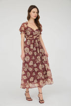 The Bordeaux Bloom Midi Dress | Burgundy Floral Smocked Puff Sleeve Midi Dress