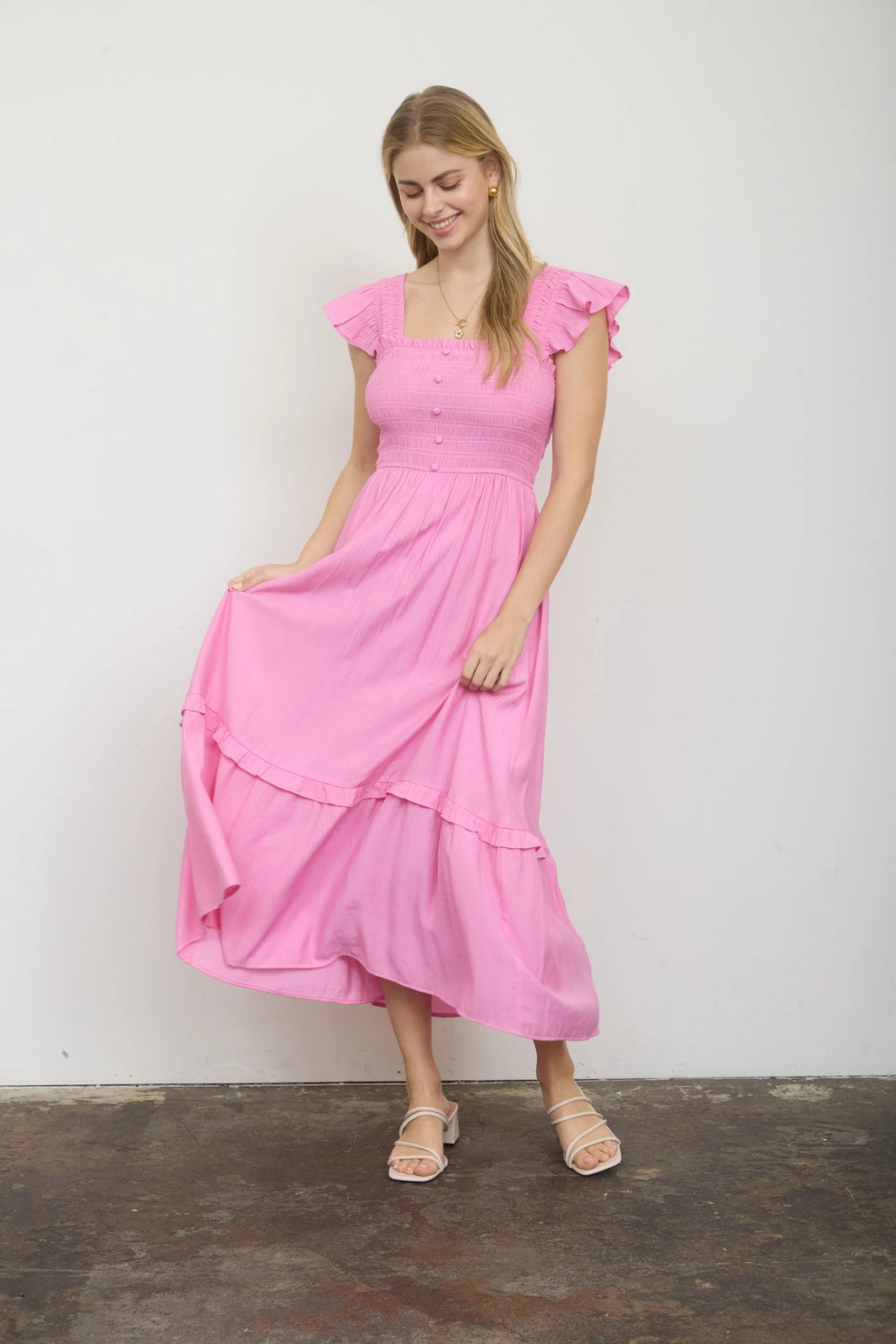 The All Buttoned Up Candy Pink Dress | Mock Button Midi Dress