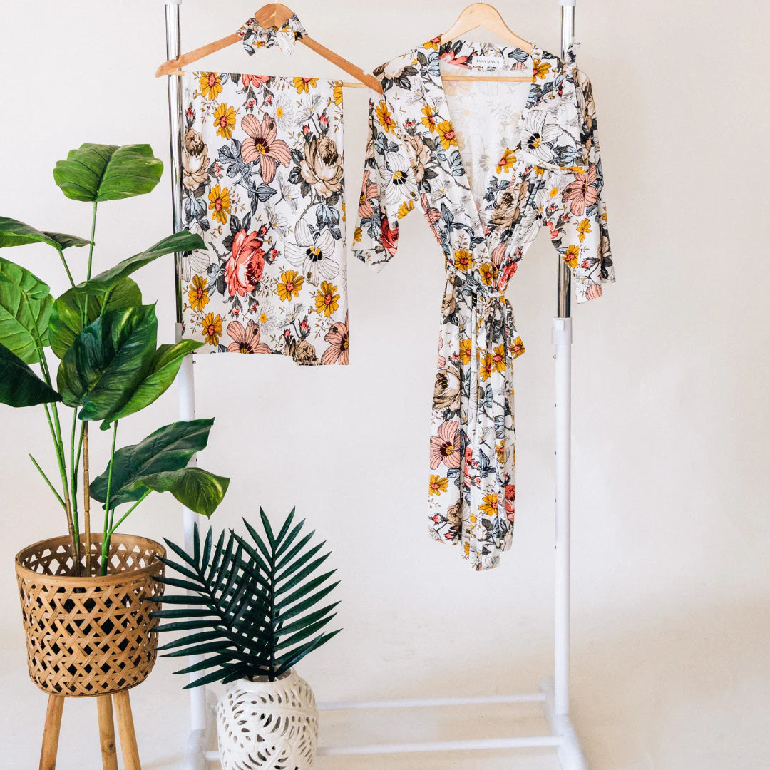 Floral Newborn Swaddle Set | Baby Swaddle Blanket with Hat and Headband